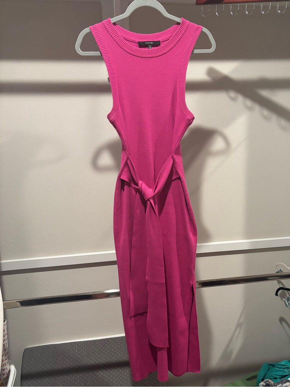 TOCCIN Sleeveless Hot Pink Knit Midi Dress with Tie Waist